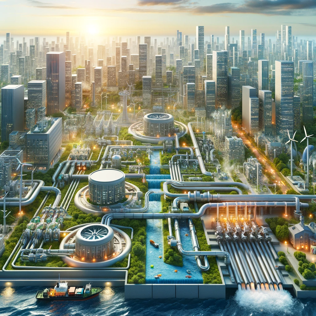 An urban landscape with buildings and facilities connected to a waste water energy system, featuring energy-efficient lighting and transportation.