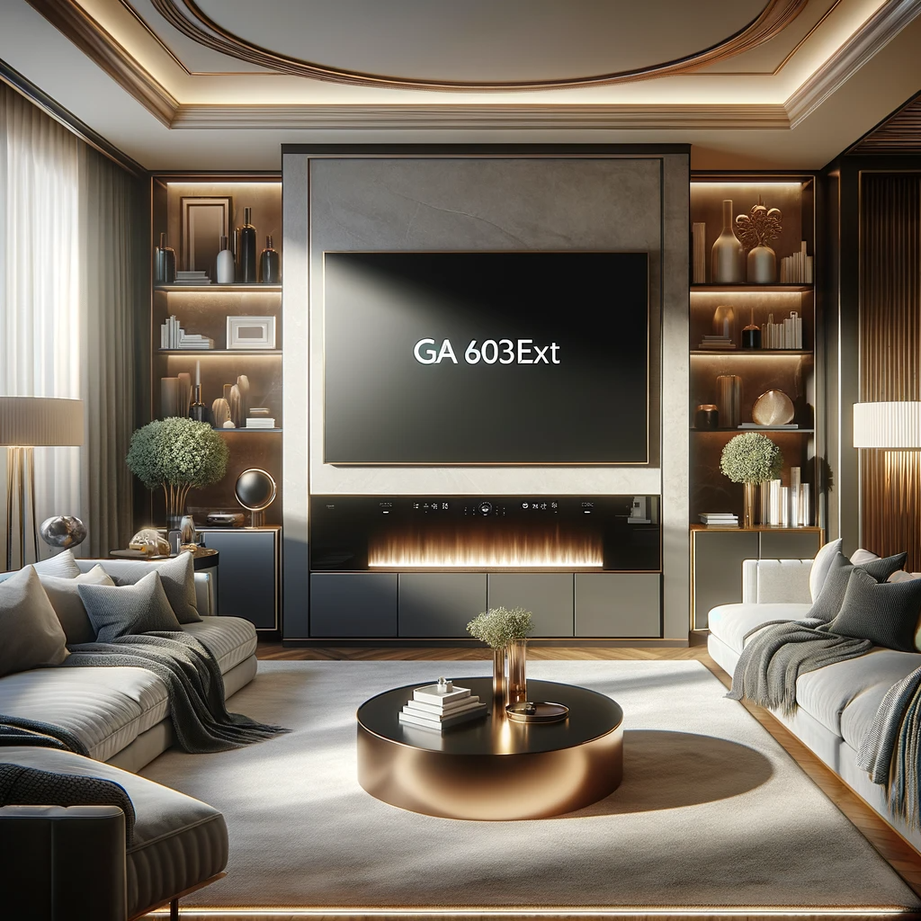 Elegant living room featuring the GA 60x36EXT appliance at its center, surrounded by contemporary furniture and stylish decor.