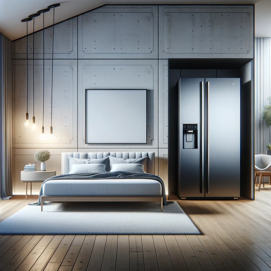 Chic bedroom featuring the GA 60x36EXT appliance, complemented by modern, minimalist furniture and decor.