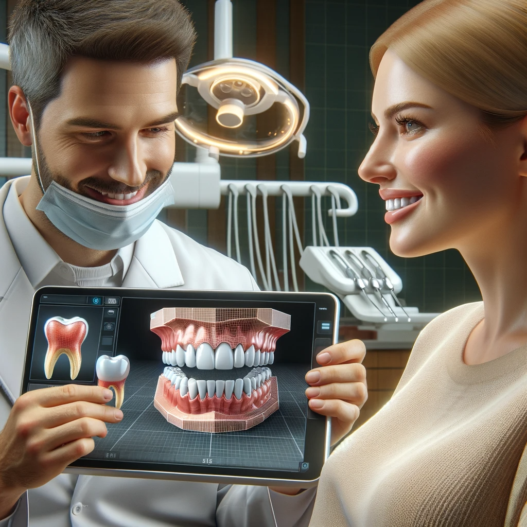 A cosmetic dentist in San Diego showing a patient a 3D model of their smile makeover using digital equipment.