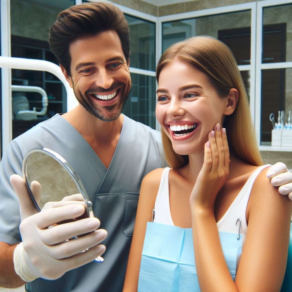 A patient in a San Diego clinic seeing their new smile for the first time in the mirror, with the dentist beside them.