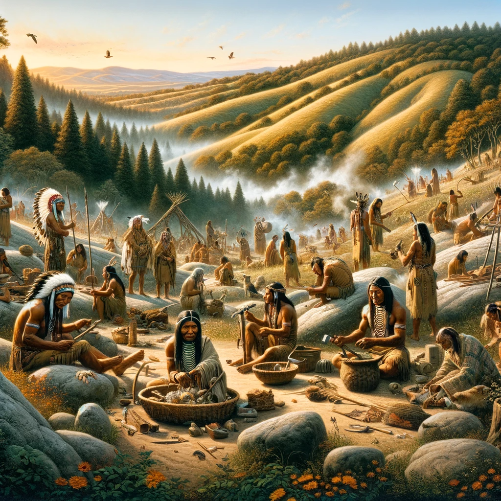Artistic depiction of early Native American inhabitants in the Berkeley area, engaging in traditional activities amidst a lush Californian landscape.