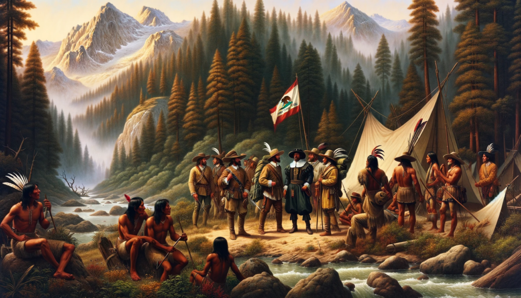 Spanish explorers in 18th-century attire navigating a forested Northern Californian landscape, with Native Californians observing them, a Spanish flag in the background, and a small camp set up.
