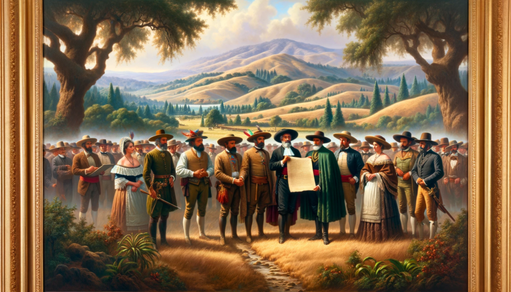 Historical scene of Spanish officials and the Peralta family in early 1800s attire, outdoors in Northern California, with a land grant document being handed over.