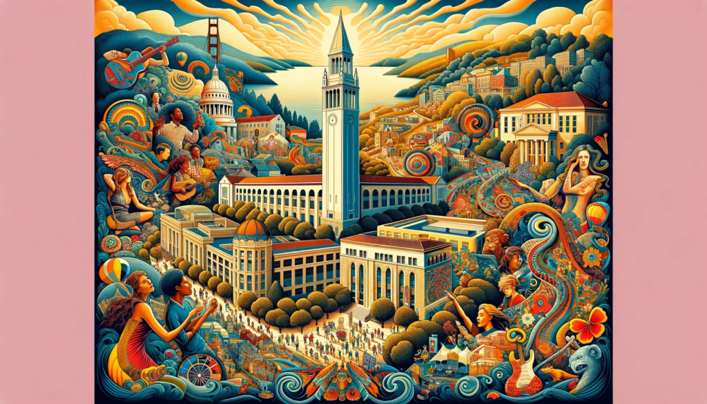 An image blending Berkeley landmarks like UC Berkeley campus and Sather Tower with symbols of cultural diversity and artistic heritage.