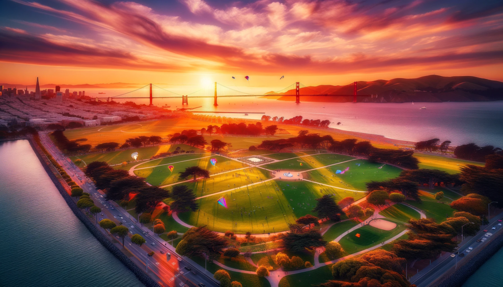"Vibrant sunset over Cesar Chavez Park with the Golden Gate Bridge in the distance and colorful kites in the sky."