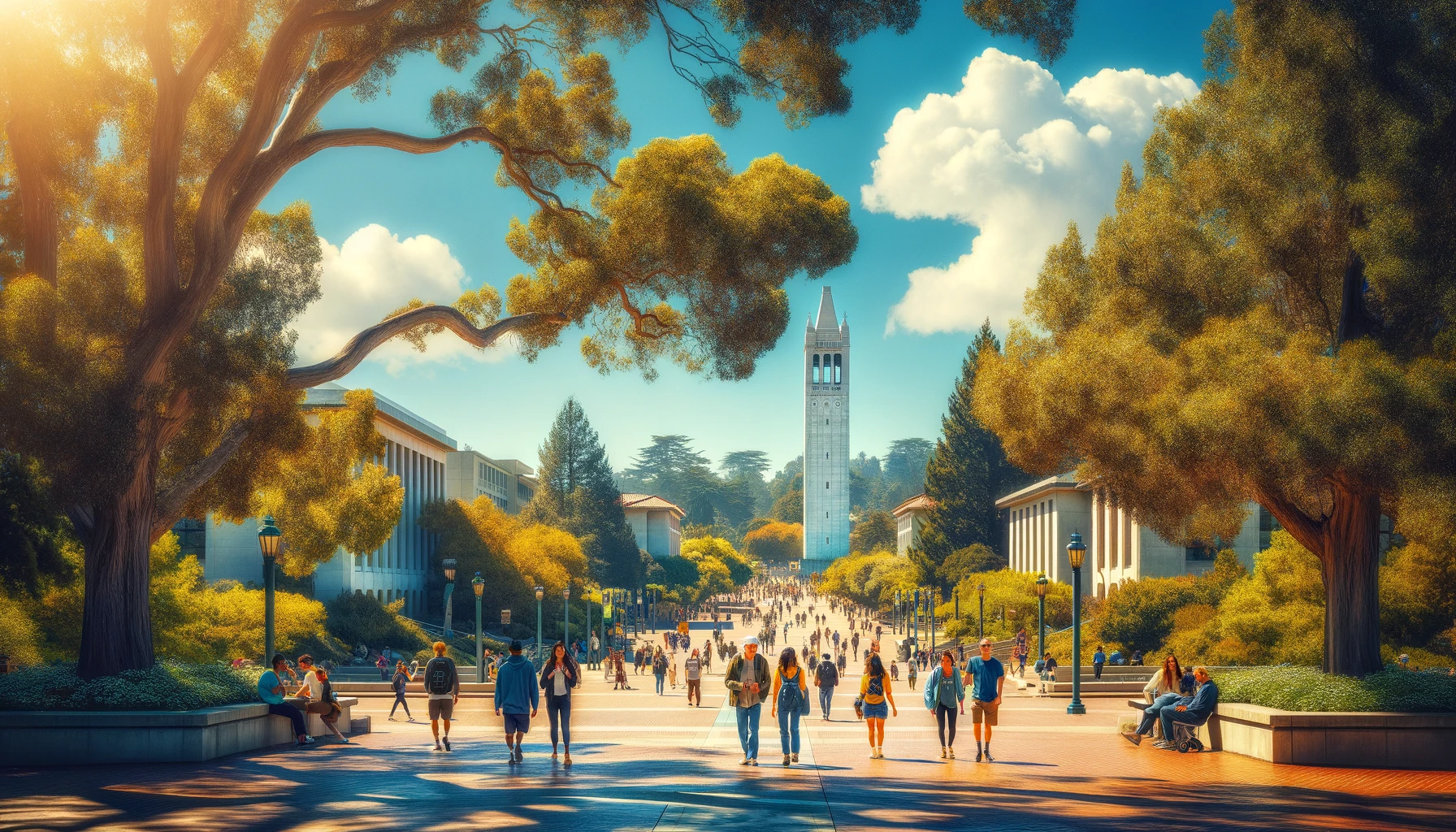 A bright, sunny day in Berkeley, California with clear blue skies, featuring Sather Tower on the UC Berkeley campus, surrounded by lush green trees and people enjoying the outdoors.