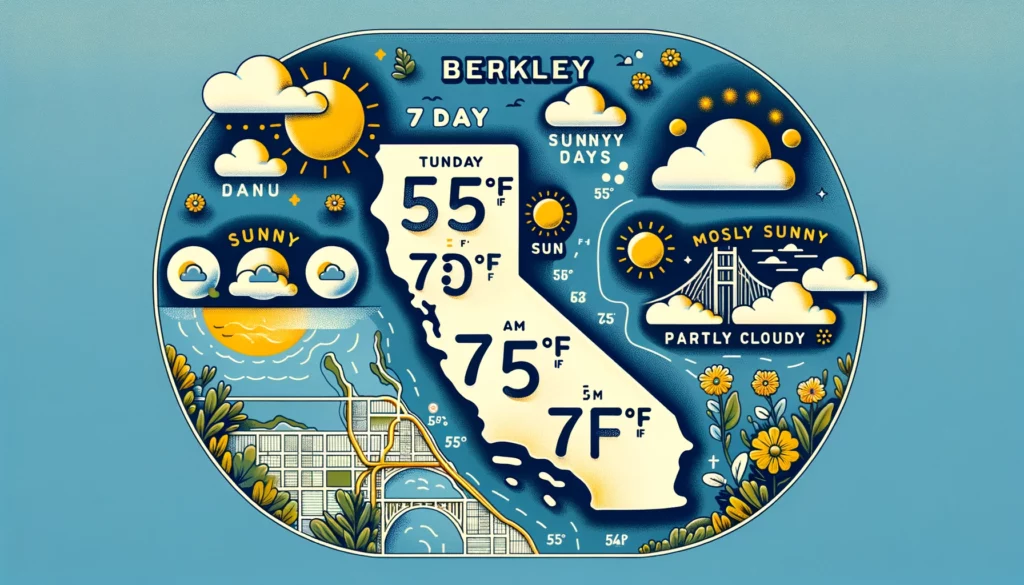 Berkeley 7-day weather forecast showing temperatures ranging from 55°F to 75°F with mostly sunny and partly cloudy days.