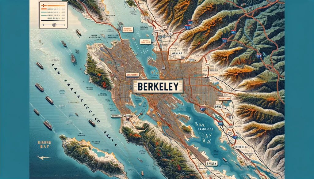 A detailed map highlighting the location of Berkeley, California, within the San Francisco Bay Area. Major cities such as San Francisco and Oakland are labeled, along with highways and natural landmarks.