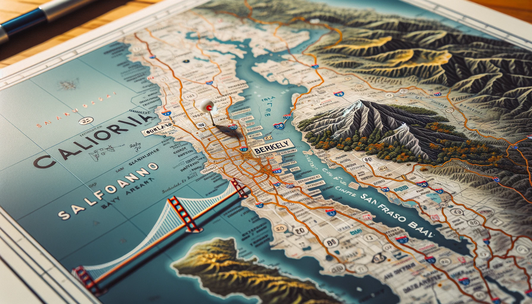 A detailed map of California highlighting the San Francisco Bay Area with a focus on Berkeley, marked with a pinpoint.